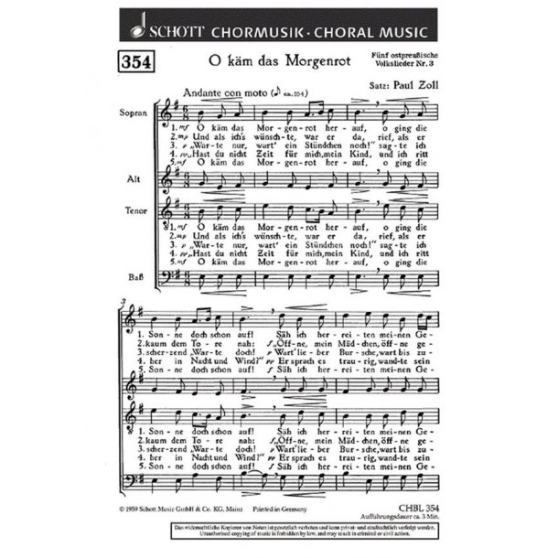 Funf ostpreusische Volkslieder : 3. O kam das Morgenrot herauf