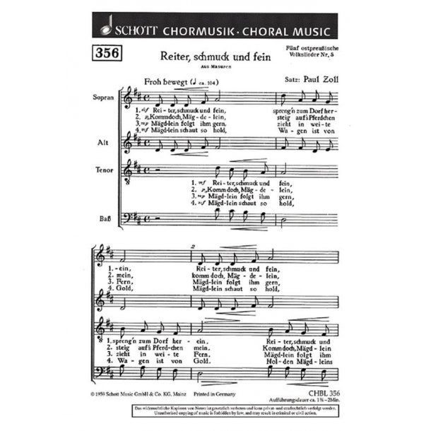 Funf ostpreusische Volkslieder : 5. Reiter, schmuck und fein (aus Masuren)