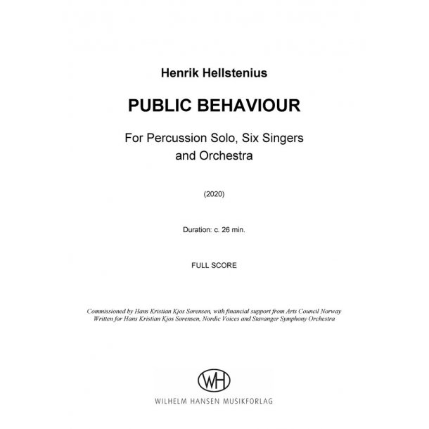 Public Behaviour : 2(pic).2.2(bcl).2(cbn)/4.3.2+btbn/3perc/hp.pf(syn)/str and solist perc, S,S,A,T,Bar,B
