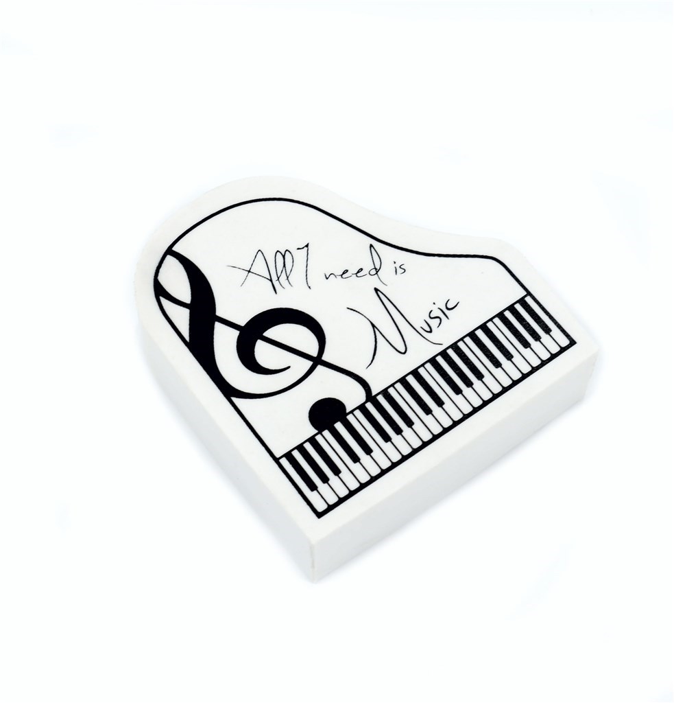 Viskelæder i klaverform med teksten "All I Need Is Music": Hvid, 4,4 x 4 cm