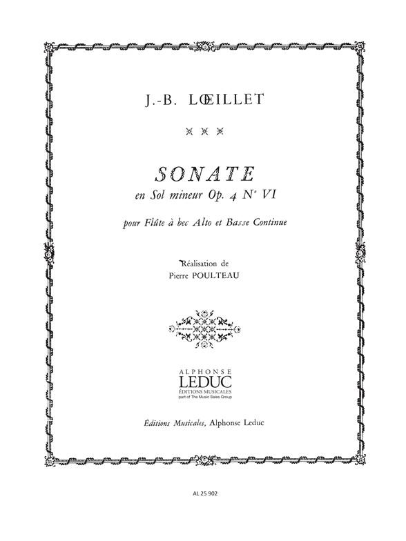 Loeillet De Gant Sonata G Minor Op 4 No 6 Treble Recorder & Bcont Bk