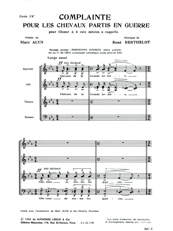 René Berthelot: Complainte pour les Chevaux partis en Guerre (Choral-Mixed a cappella)