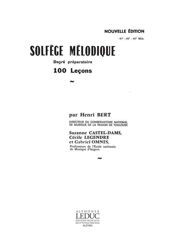 Bert Solfege Melodique 100 Lecons Degre Preparatoire Book