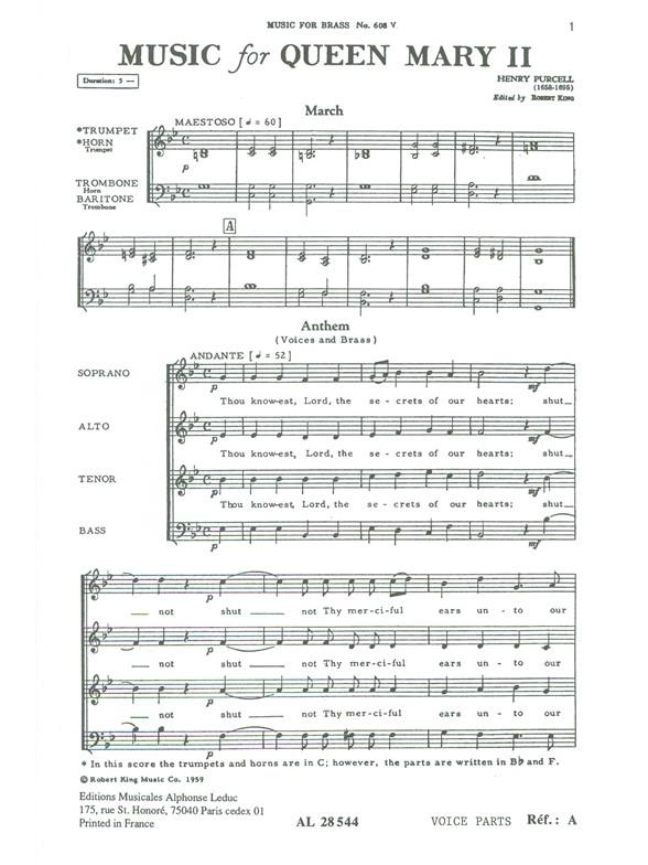 Purcell Music For Queen Mary 2 Brass Quartet & Choir Vocal Score