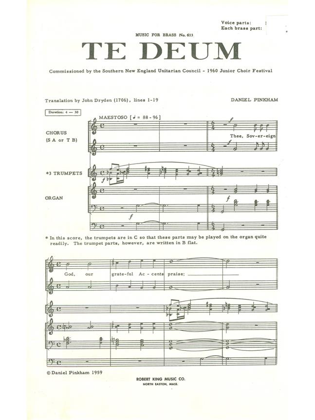 Daniel Pinkham: Te Deum (Choral-Female accompanied)