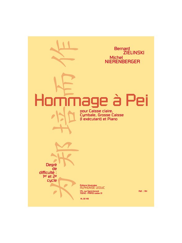 Nierenberger: Hommage à pei (cycle 1 et 2) (3'30'') pour caisse claire, cymbale, grosse caisse (1 exécutant) et piano