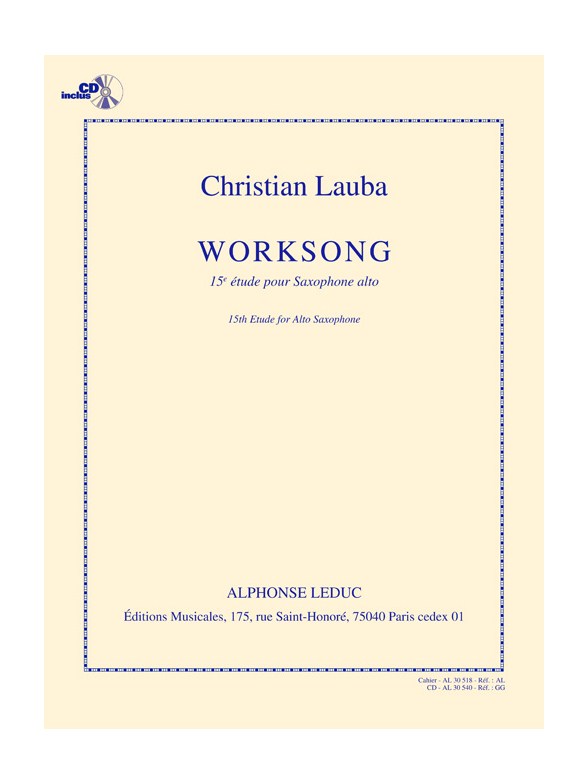 Lauba: Worksong 15e étude pour saxophone alto (livre + cd) - le livre