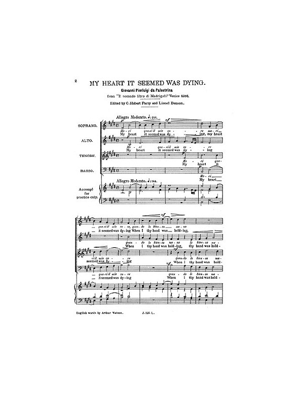 Palestrina, G P My Heart It Seemed Was Dying Satb