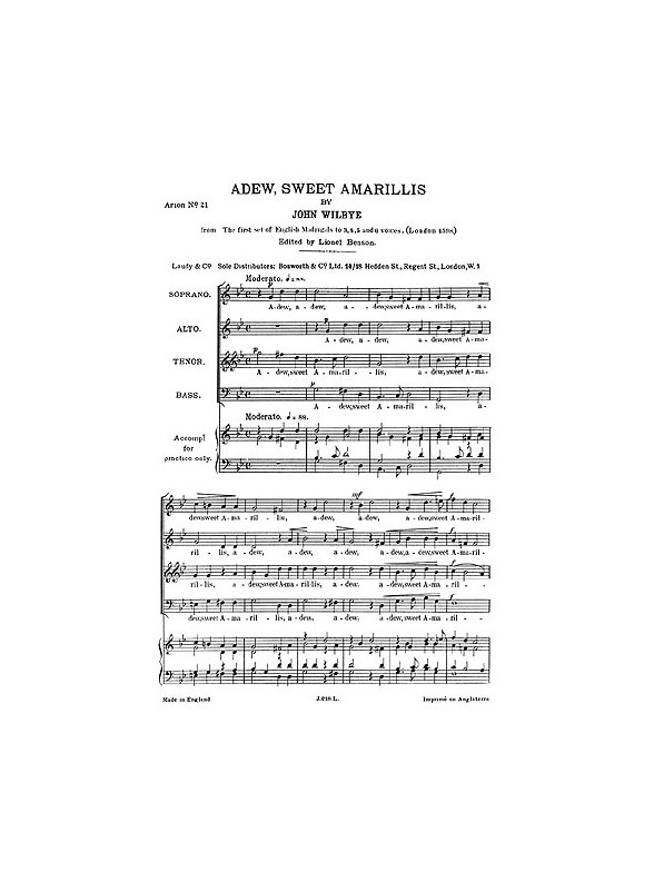 Wilbye, J Adew Sweet Amarillis Satb