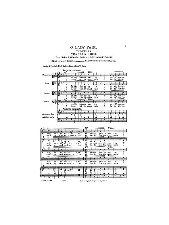 Lassus, R O Lady Fair Thy Sweet Smile Satb