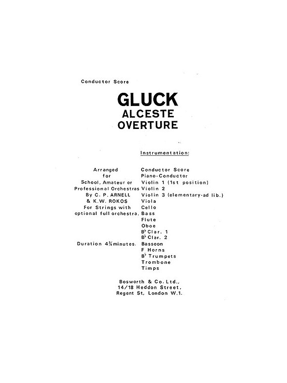 Gluck, W Alceste Overture Rokos Arnell Orch (Ma) Sc/Pts