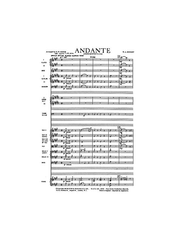 Mozart, F W Andante From Quintet K614 Orch (E) Sc/Pts