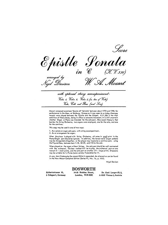 Mozart, W A Epistle Sonata Davison Str Orch Sc/Pts