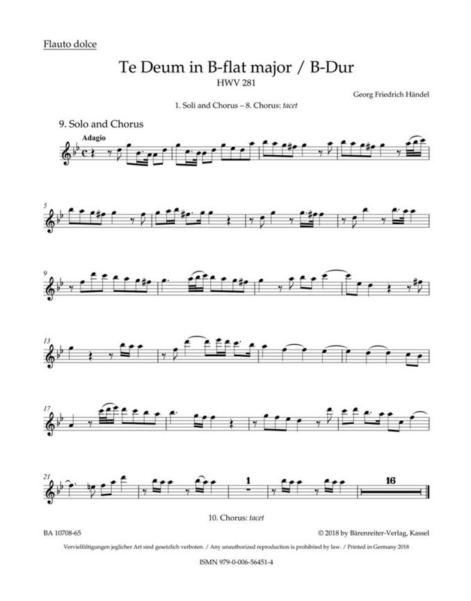 Te Deum (Cannons) B-flat major : Chandons Te Deum HWV 281