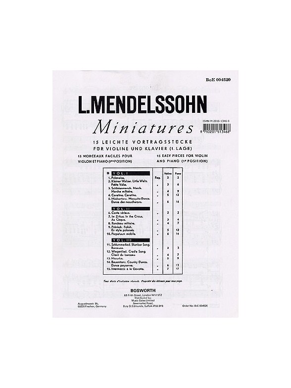 Mendelssohn: 15 Miniatures For Violin And Piano Vol.1