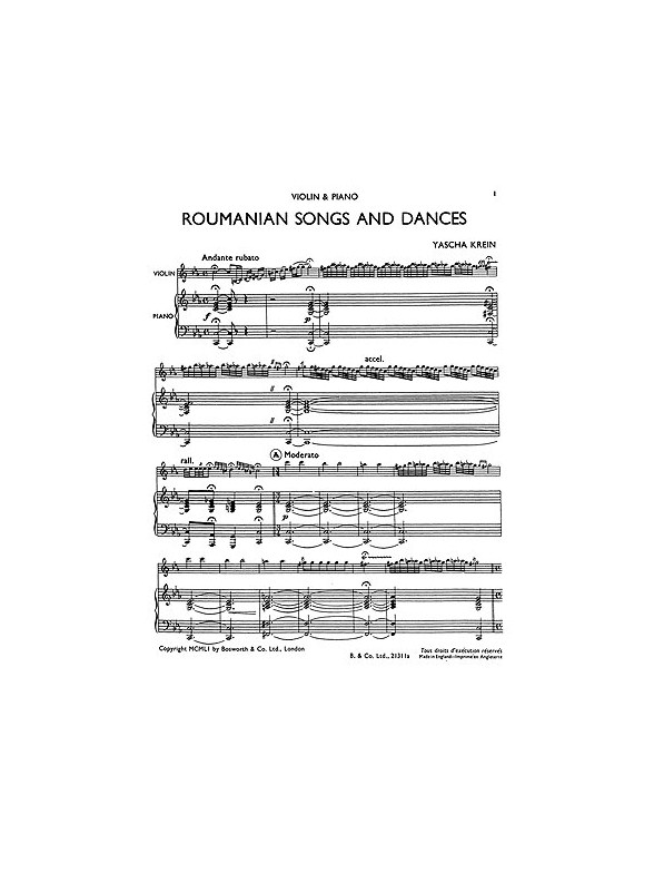 Yasha Krein: Roumanian Songs And Dances (Violin/Piano)