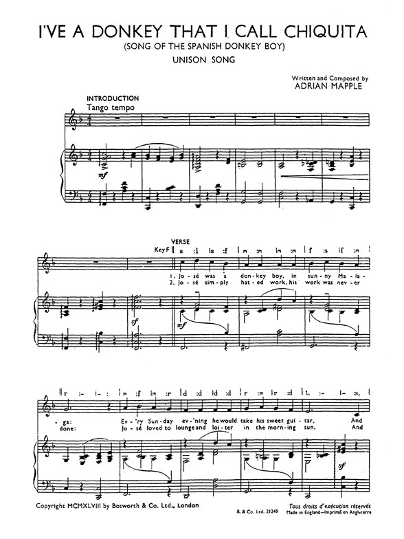Mapple, A I've A Donkey Called Chiquita Unison/Piano