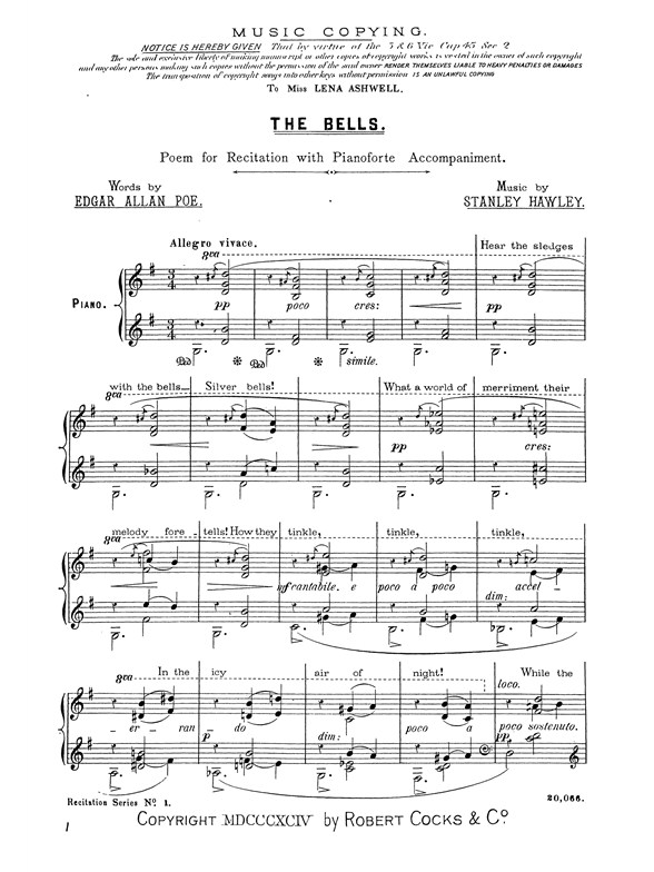 Hawley, S The Bells Recitation Piece No.1 Speaker And Piano