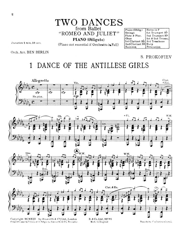 Sergei Prokofiev: Two Dances From Romeo And Juliet Ballet Suite No.2 (Score And Parts)