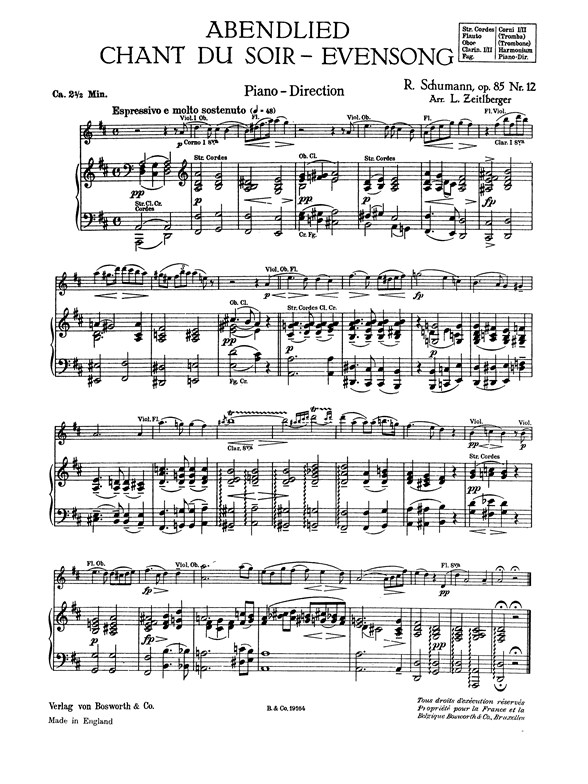 Schumann, R Evensong Abendlied Op.85 (Zeitlberger) Orch Pf Sc/Pts