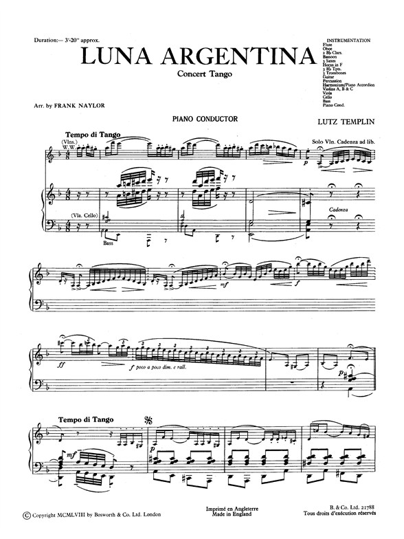 Templin, L Luna Argentina Concert Tango (Naylor) Orch Pf Sc/Pts
