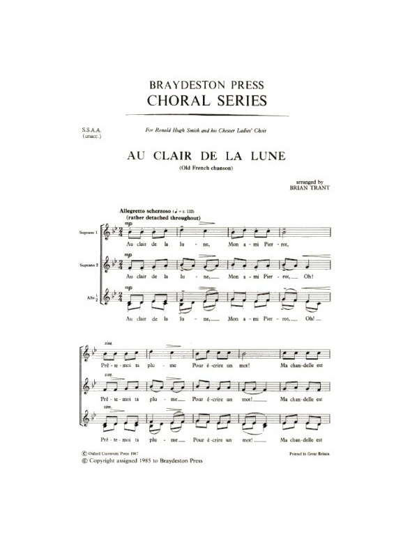 Au Clair De La Lune (SSAA)