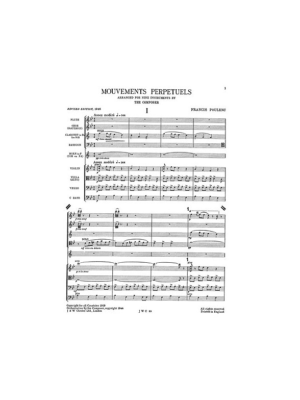 Francis Poulenc: Mouvements Perpetuels For 9 Instruments - Score