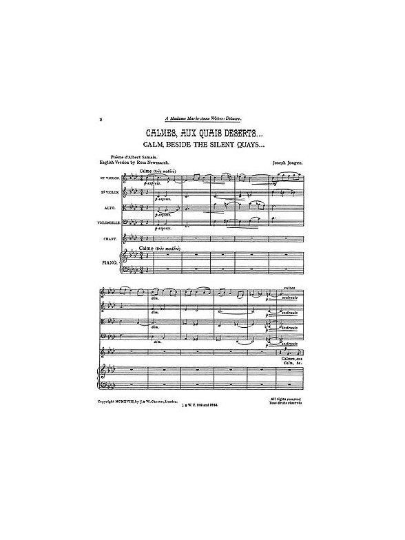 Jongen, J Calmes, Aux Quais Deserts Voice/String 4tet Score And Parts