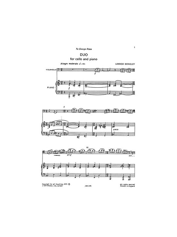 Lennox Berkeley: Duo Op.81 No.1 For Cello And Piano