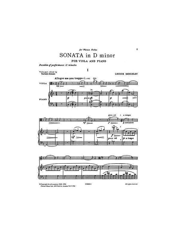 Lennox Berkeley: Sonata In D Minor For Viola and Piano