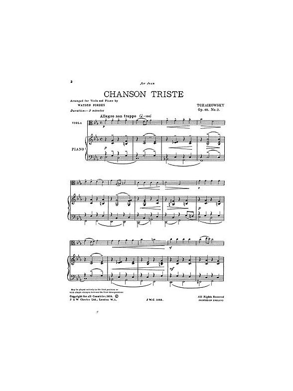 Tchaikovsky Chanson Triste Op40 No2/Chanson Italienne Op39 No15 Vla/Pf