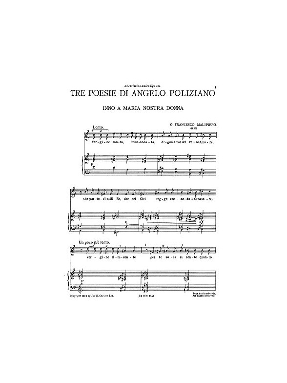 Malipiero: Three Poesie Di Angelo Poliziano for High Voice with Piano acc.