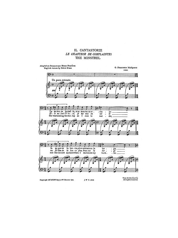 Malipiero: Il Cantastorie Baritone From Sette Canzoni for Baritone Solo with Piano acc.