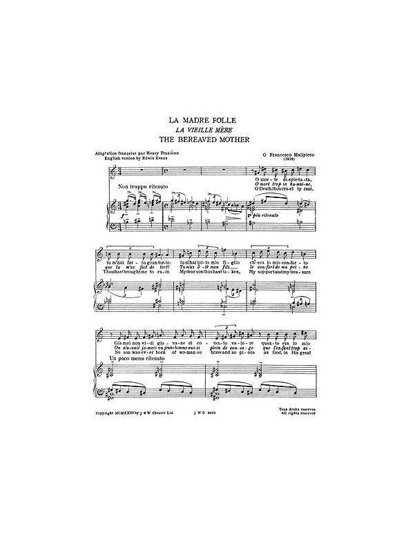 Malipiero: The Bereaved Mother From Sette Canzoni for Soprano Solo with Piano acc.