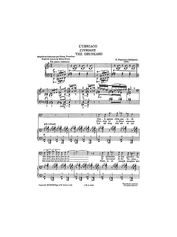 Malipiero: The Drunkard From Sette Canzoni (L'ubriaco) for Baritone Solo with Piano acc.
