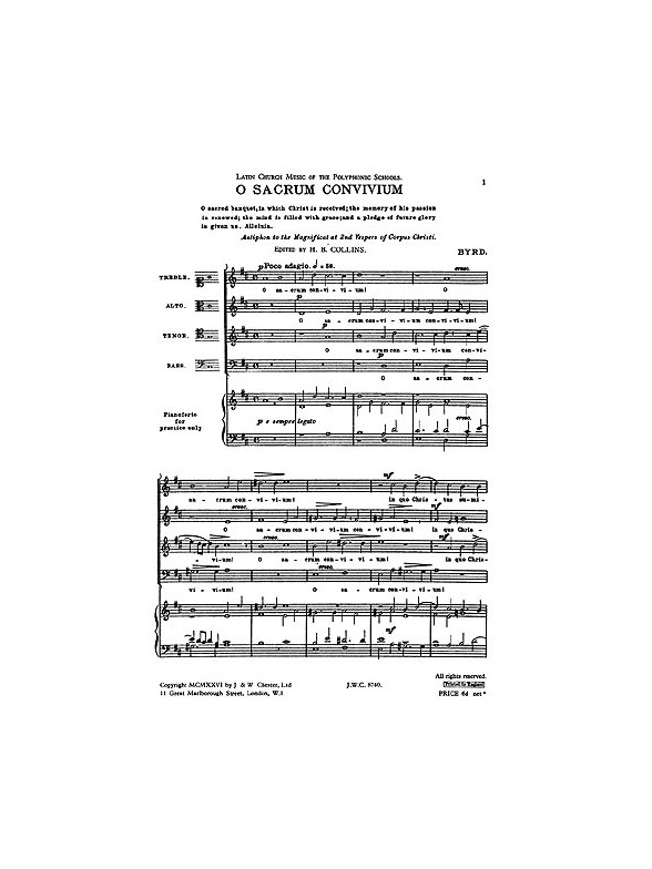 William Byrd: O Sacrum Convivium (Collins) Satb (L)