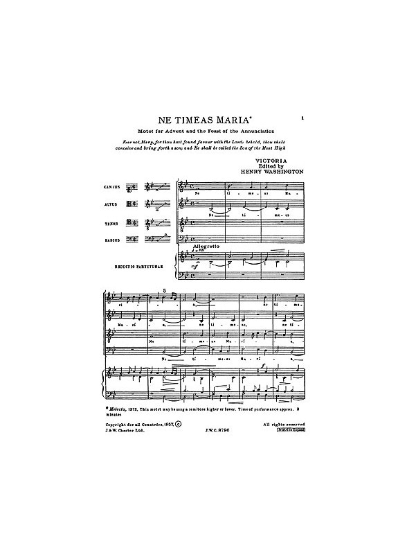 Victoria: Ne Timeas Maria for SATB Chorus