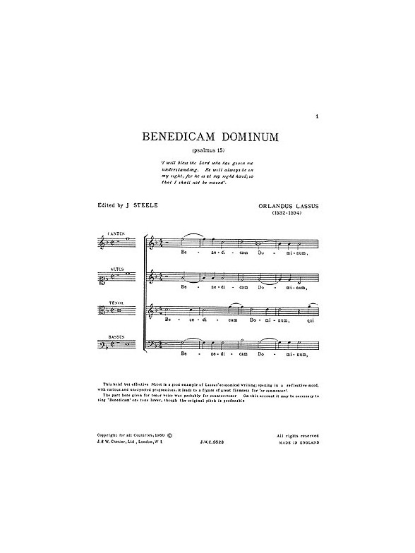 Orlando Lassus: Benedicam Dominum (Steele) SATB