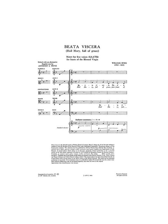 Byrd, W Beati Viscera Ssatb/Pf Red.(L/E)(Hail Mary Full Of Grace)