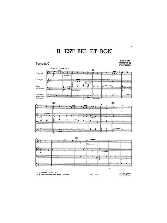 Pierre Passereau: Il Est Bel Et Bon - Brass Quartet (Just Brass No.21)