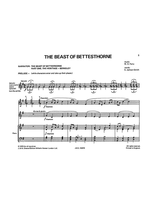 The Beast Of Bettesthorne Piano Score and Parts (Voices and Recorders, 15 Libretti 5 Percussion)