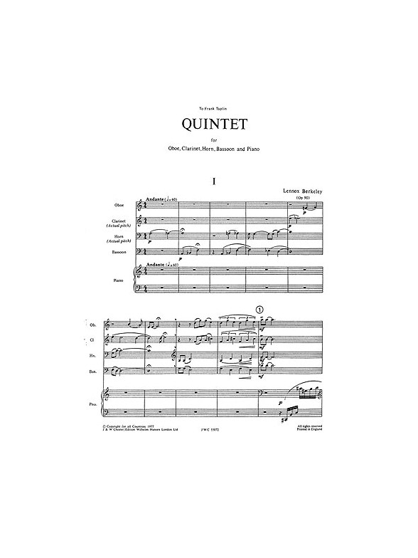 Lennox Berkeley: Quintet Op.90 (Score and Parts)