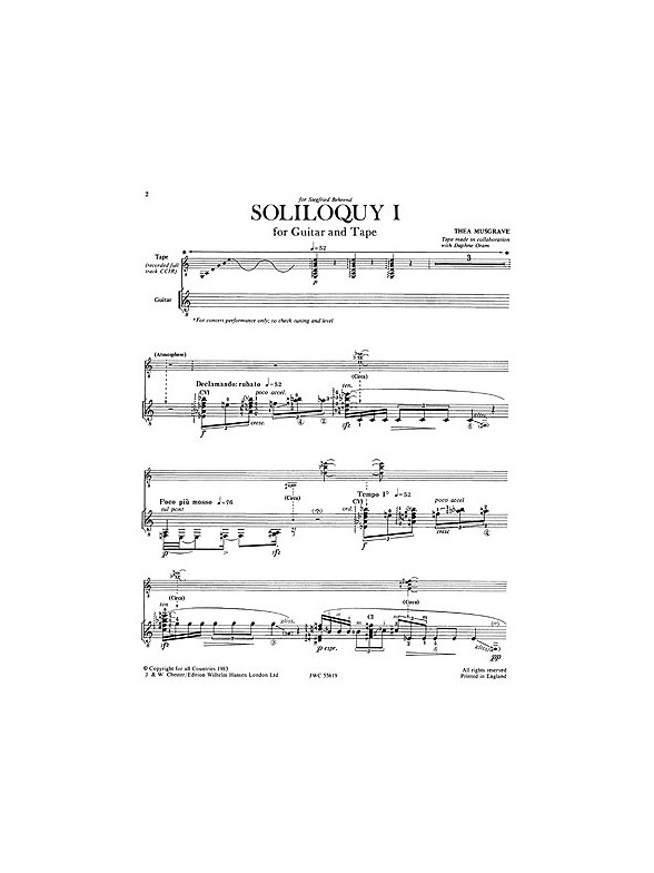 Thea Musgrave: Soliloquy I Gtr/cass Gtr Part