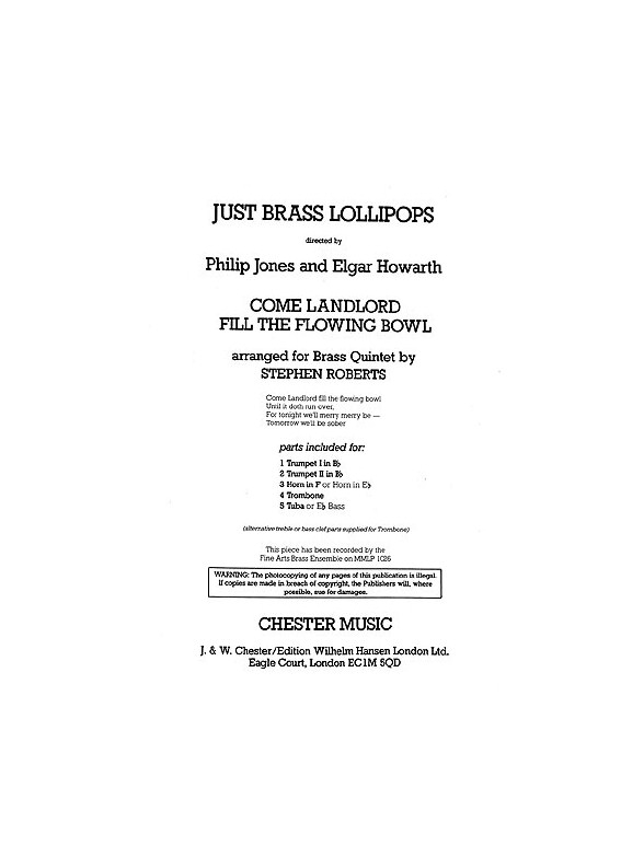 Just Brass Lollipops 5 Roberts Come Landlord Fill The Flowing Bowl (arr) 5 Part
