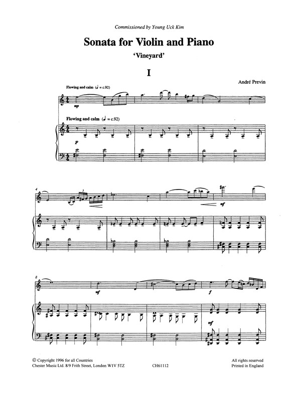 Andre Previn: Sonata For Violin And Piano 'Vineyard'
