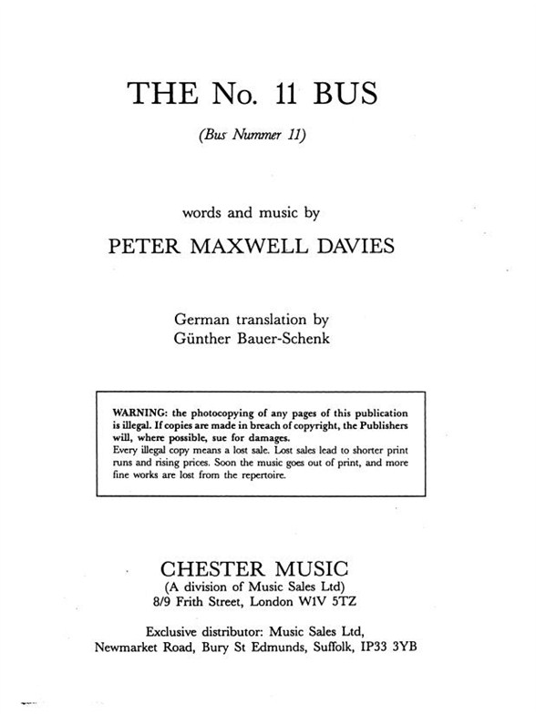 Maxwell Davies: No 11 Bus Piano Score
