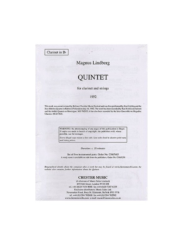 Magnus Lindberg: Quintet For Clarinet And Strings (Parts)