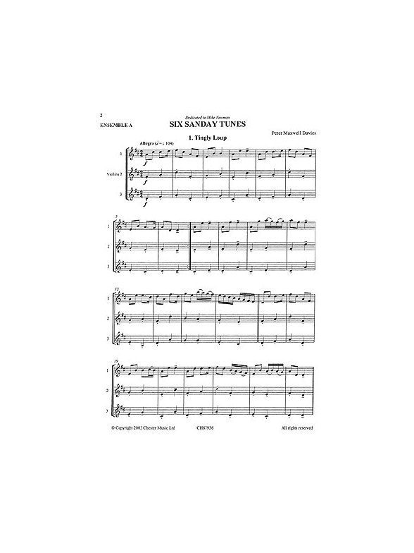 Peter Maxwell Davies: Six Sanday Tunes (Three Violins Performance Score)