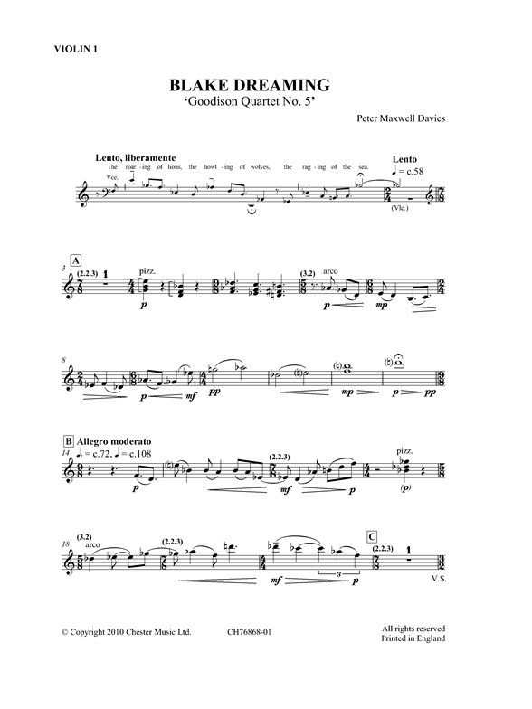 Peter Maxwell Davies: Blake Dreaming 'Goodison Quartet No.5' (Parts)