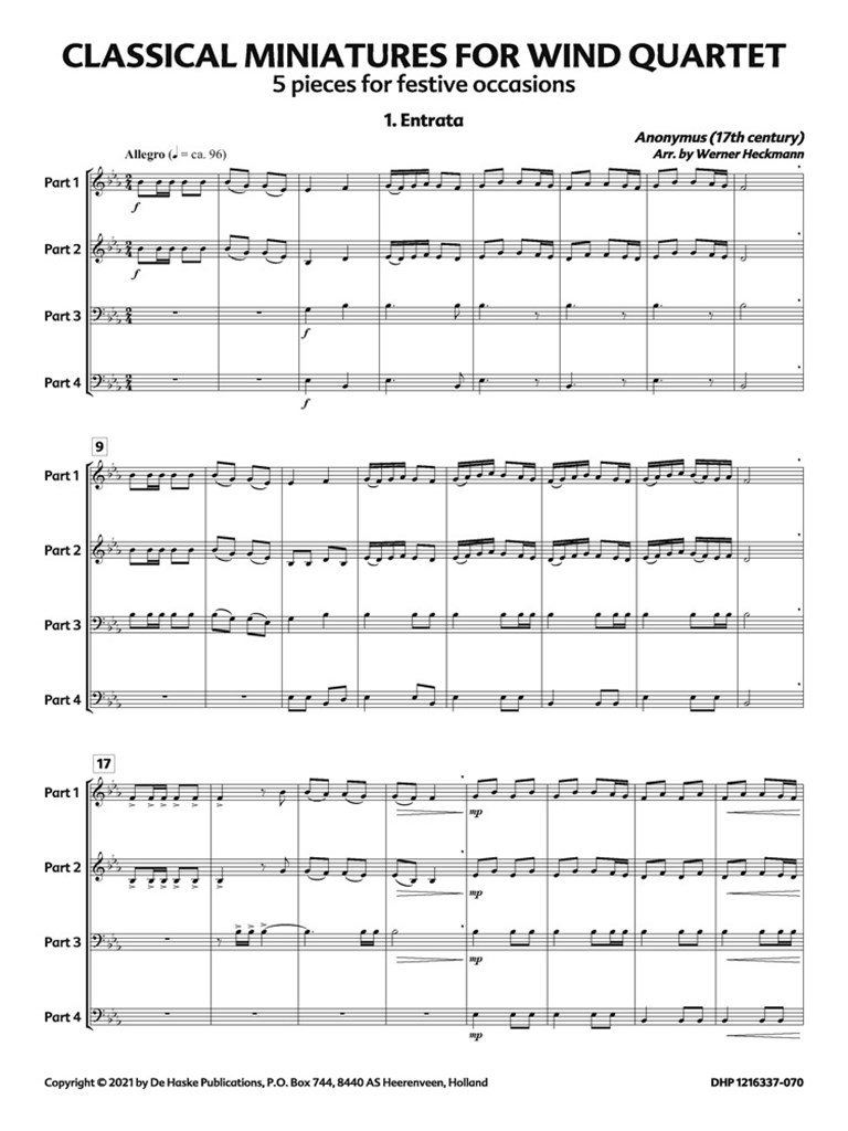Classical Miniatures for Wind Quartet : 5 Pieces for Festive Occasions